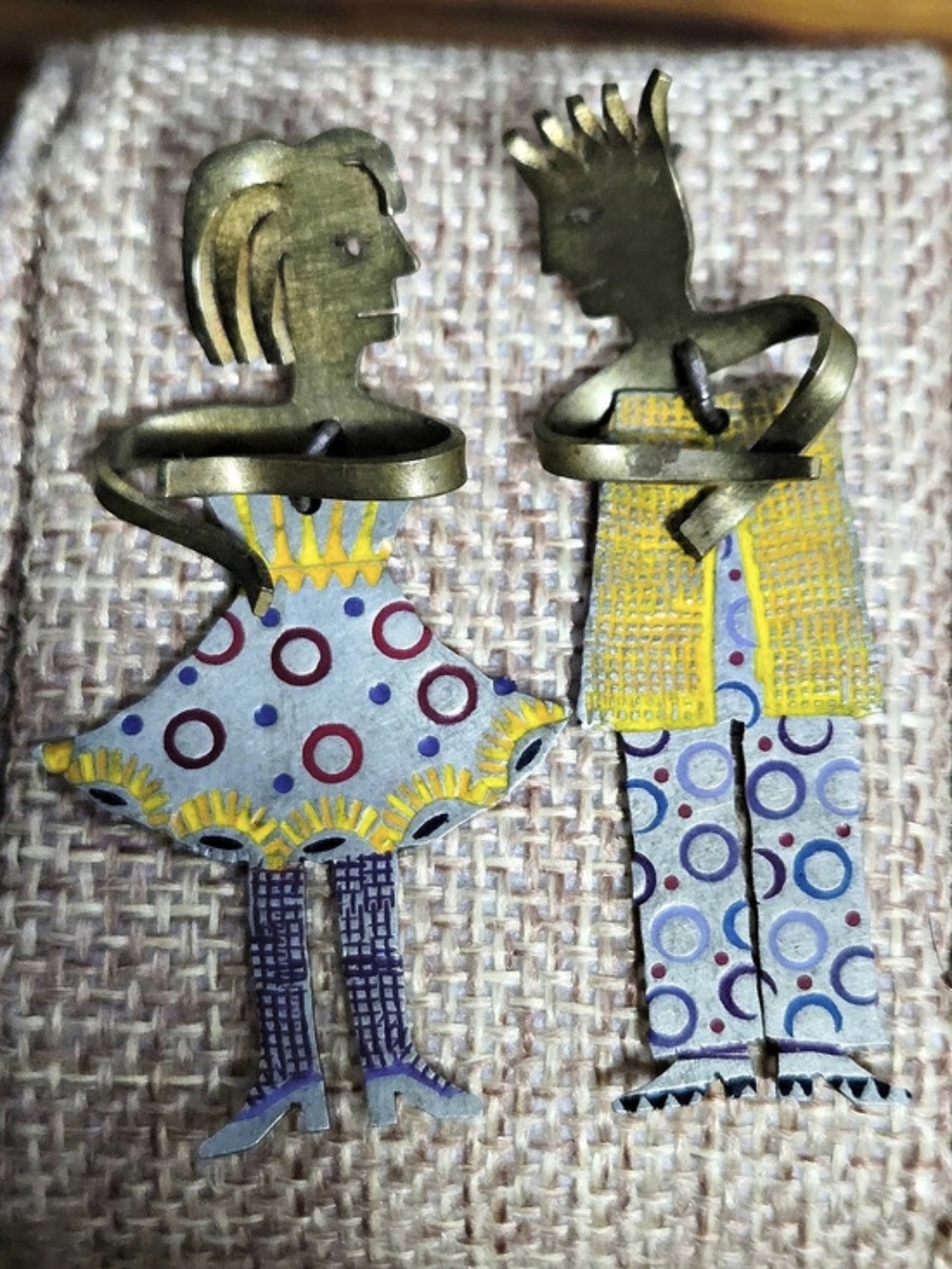 Post Modern Hand-Painted Figural Metal Kinetic Earrings Dancing Couple